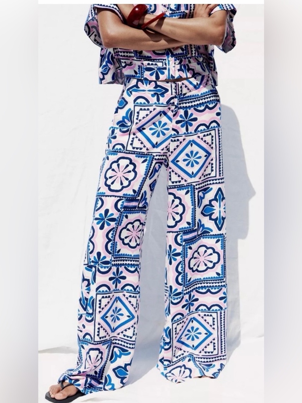 Zara Wide Leg Printed Palazzo Pants in Pink & Blue - Sz M